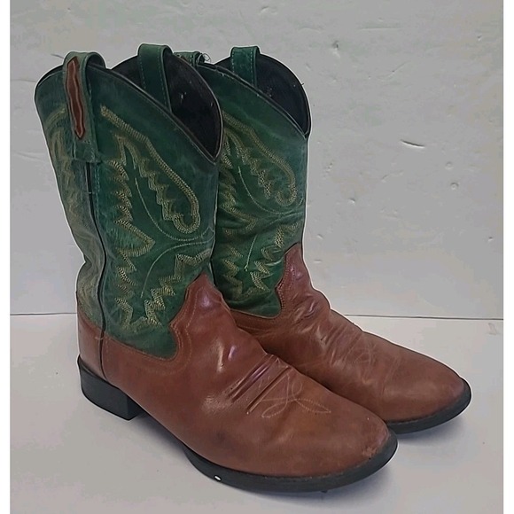 Old West Boots Brown‎ And Turquoise 1905 Youth Size 5.5 Women's 7.5 - Picture 2 of 11